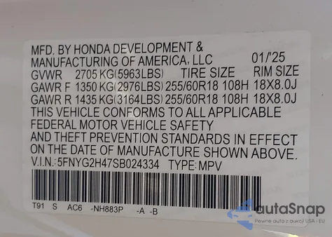 2025 Honda Pilot Ex-L из США, поврежденный, VIN 5FNYG2H47SB024334